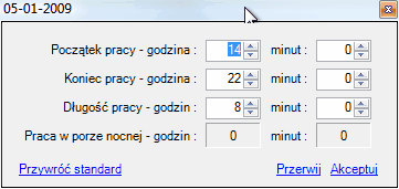 Okno modyfikacji normy czasu pracy dla konkretnego dnia. Kalendarze czasu pracy_okno_modyfikacji_dnia